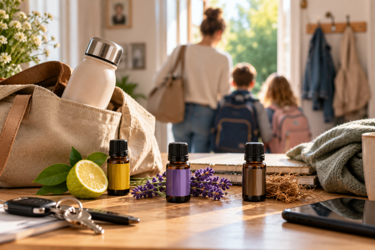 Ätherische Öle auf Küchentisch, Familie im Flur beim Aufbruch – Alltagstakt nach den Ferien, Aromawohl