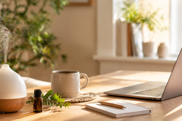 Diffuser mit ätherischem Öl neben Laptop und Kaffee – ätherische Öle für Fokus und Frische im Homeoffice