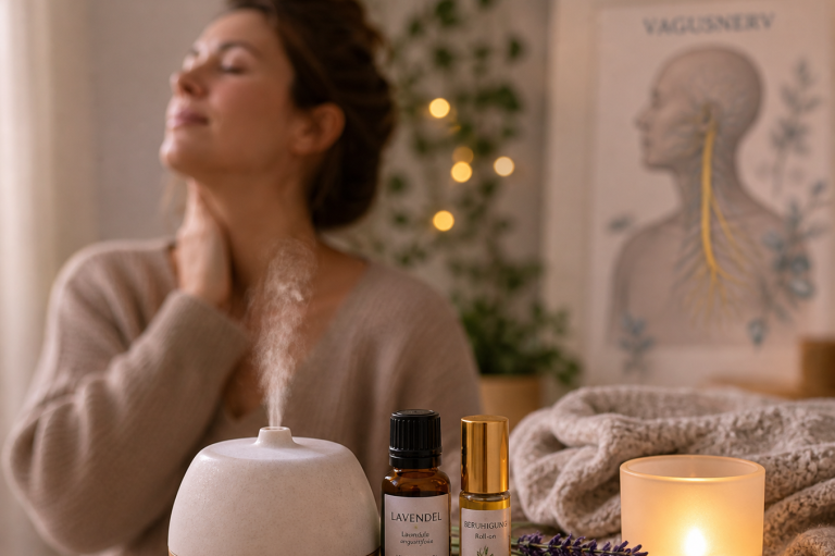 Frau entspannt mit Diffuser und ätherischen Ölen – Vagusnerv stimulieren durch Aromatherapie